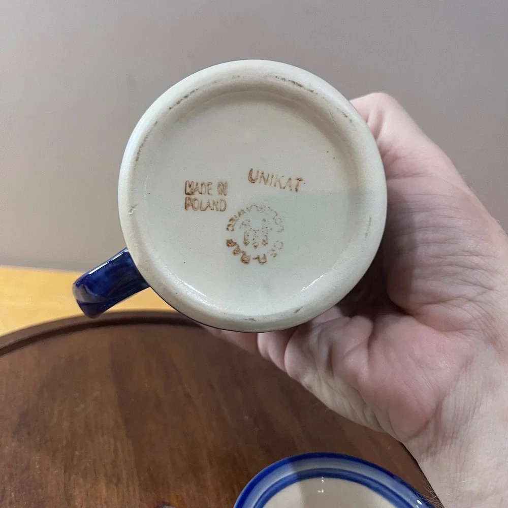 Vtg Polish Pottery Unikat Tea Infuser Mug Strainer Set Boleslawiec Blue Floral